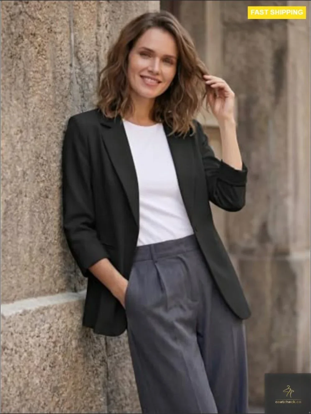 Lightweight 3/4 Sleeve Lapel Open Front Blazer with Pockets Work Casual Suit